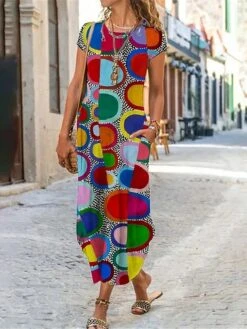 Women's Casual Dress Shift Dress Summer Dress Geometric Color Block Pocket Split Crew Neck Long Dress Maxi Dress Fashion Streetwear Outdoor Daily Short Sleeve Regular Fit Red Navy Blue Blue Summer