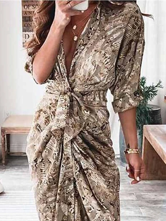 Women's Shirt Dress Casual Dress Bodycon Midi Dress Outdoor Daily Date Polyester Fashion Modern V Neck Ruched Button 3/4 Length Sleeve Summer Spring 2023 Loose Fit Brown Khaki Floral Color Block Pure 3 Women's Shirt Dress Casual Dress Bodycon Midi Dress Outdoor Daily Date Polyester Fashion Modern V Neck Ruched Button 3/4 Length Sleeve Summer Spring 2023 Loose Fit Brown Khaki Floral Color Block Pure - Image 3