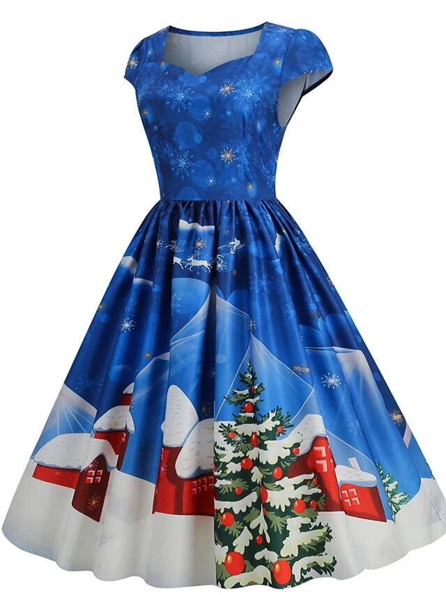 Women's Christmas Swing Dress Vintage DressKnee Length Dress Blue Wine Red Light BlueShort Sleeve Santa Claus Snowman Tree Print Fall Winter Square Neck Vintage Elegant Slim 2022 S M L XL 12 Women's Christmas Swing Dress Vintage DressKnee Length Dress Blue Wine Red Light BlueShort Sleeve Santa Claus Snowman Tree Print Fall Winter Square Neck Vintage Elegant Slim 2022 S M L XL - Image 12