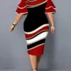 Women‘s Plus Size Curve Work Dress Bodycon Sheath Dress Color Block Midi Dress Half Sleeve Ruffle Crew Neck Fashion Outdoor Wine Red Fall Spring XL XXL 3XL 4XL 5XL