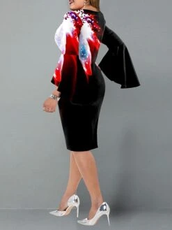 Women‘s Plus Size Curve Party Dress Floral Crew Neck Ruffle Long Sleeve Fall Spring Elegant Prom Dress Knee Length Dress Formal Going Out Dress Work Dress Print -Casual Print Dress Sales pntwvr1637056701273