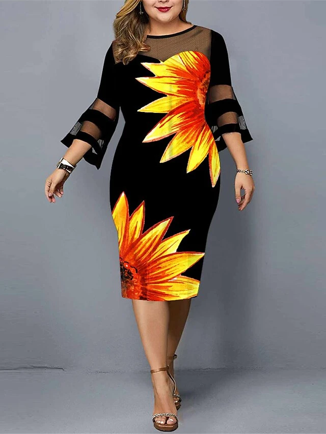 Women‘s Plus Size Curve Work Dress Sheath Dress Floral Midi Dress 3/4 Length Sleeve Mesh Print Crew Neck Elegant Outdoor White Yellow Spring Summer L XL XXL 3XL 4XL 2 Women‘s Plus Size Curve Work Dress Sheath Dress Floral Midi Dress 3/4 Length Sleeve Mesh Print Crew Neck Elegant Outdoor White Yellow Spring Summer L XL XXL 3XL 4XL - Image 2