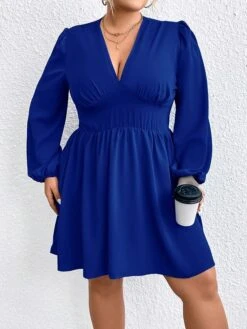 Women‘s Plus Size Curve Party Dress Wedding Guest Dress Sheath Dress Mini Dress Blue Long Sleeve Pure Color Ruched Fall Winter Autumn Deep V Fashion Wedding Guest Vacation Fall Dress 2023 -Casual Print Dress Sales poxhua1692170874375