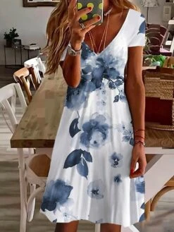 Women's Casual Dress Summer Dress Print Dress Floral Ombre Print V Neck Mini Dress Active Fashion Outdoor Daily Short Sleeve Regular Fit White Pink Blue Summer Spring S M L XL XXL -Casual Print Dress Sales ppqayh1684141774415