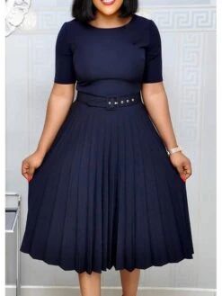 Women‘s Plus Size Curve Party Dress Solid Color Crew Neck Ruched Short Sleeve Spring Fall Work Formal Prom Dress Knee Length Dress Party Work Dress Loose Fit -Casual Print Dress Sales ppqqbq1620625710484