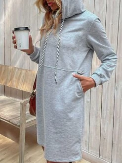 Women's Casual Dress Hoodie Dress Mini Dress Fashion Daily Outdoor Vacation Going Out V Neck Pocket Solid Color Striped Loose Fit Gray S M L XL -Casual Print Dress Sales ppsoud1692165837575