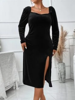 Women‘s Plus Size Curve Party Dress Velvet Dress Cocktail Dress Black Dress Midi Dress Long Sleeve Pure Color Split Spring Fall Winter Square Neck Fashion Birthday Wedding Guest Vacation 2023 -Casual Print Dress Sales pptfuq1692166730593