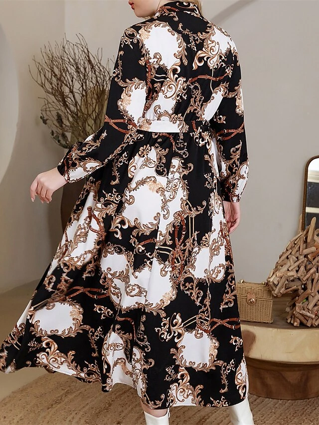 Women's Plus Size Curve Work Dress Swing Dress Semi Formal Dress Fashion Midi Dress Lace Up Button Shirt Collar Long Sleeve Floral Loose Fit Black Fall Winter L XL XXL 3XL 4XL 2 Women's Plus Size Curve Work Dress Swing Dress Semi Formal Dress Fashion Midi Dress Lace Up Button Shirt Collar Long Sleeve Floral Loose Fit Black Fall Winter L XL XXL 3XL 4XL - Image 2