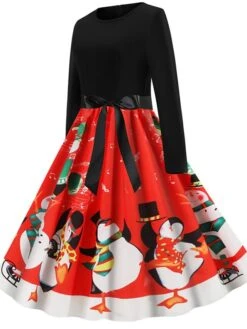 Women's Christmas Knee Length Dress Blue Purple Wine Gray Green Black Red Light Blue Long Sleeve Print Bow Print Fall Winter Round Neck Casual Vintage2021 S M L XL XXL -Casual Print Dress Sales pqbsyi1629971945712