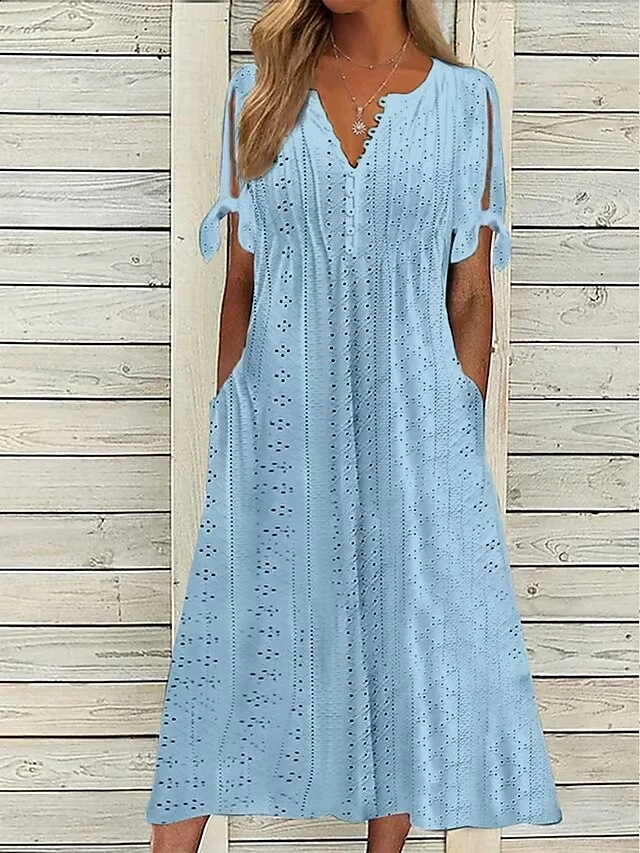 Women's Casual Dress Summer Dress Pleated Dress Plain Lace Ruched V Neck Midi Dress Fashion Elegant Outdoor Daily Short Sleeve Loose Fit White Pink Blue Summer Spring S M L XL XXL 3 Women's Casual Dress Summer Dress Pleated Dress Plain Lace Ruched V Neck Midi Dress Fashion Elegant Outdoor Daily Short Sleeve Loose Fit White Pink Blue Summer Spring S M L XL XXL - Image 3