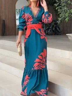 Women's Casual Dress Swing Dress Print Dress Leaf Ruffle Button V Neck Long Dress Maxi Dress Fashion Streetwear Daily Holiday 3/4 Length Sleeve Regular Fit Blue Fall Winter S M L XL XXL