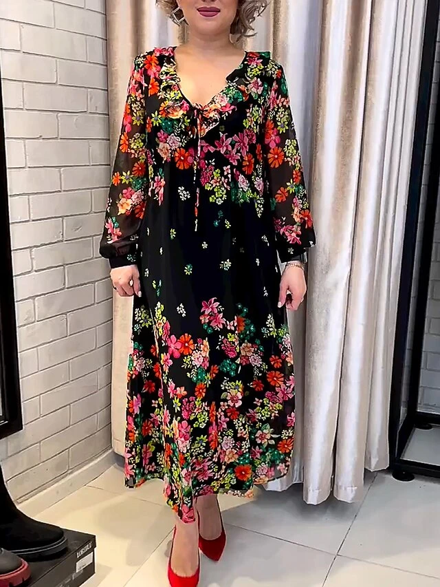 Women's Casual Dress Print Dress Spring Dress Floral Lace Up Print V Neck Midi Dress Fashion Elegant Outdoor Street Long Sleeve Loose Fit Black Spring Fall M L XL XXL 3XL 1 Women's Casual Dress Print Dress Spring Dress Floral Lace Up Print V Neck Midi Dress Fashion Elegant Outdoor Street Long Sleeve Loose Fit Black Spring Fall M L XL XXL 3XL