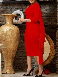 Women‘s Plus Size Curve Work Dress Bodycon Sheath Dress Solid Color Midi Dress Long Sleeve Crew Neck Fashion Outdoor White Red Fall Spring L XL XXL 3XL -Casual Print Dress Sales pqvqmo1676871090369