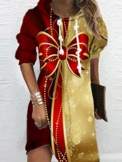 Women's Christmas Hoodie Dress Shift Dress Mini Dress Gold Long Sleeve Print Print Winter Fall Hooded Vacation Casual Daily Vacation 2022 S M L XL XXL 3XL