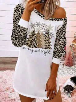 Women's Casual Dress Sweatshirt Dress Mini Dress Warm Fashion Outdoor Christmas Holiday Crew Neck Print Leopard Christmas Tree Loose Fit White S M L XL XXL