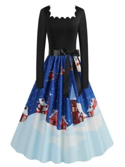 Women's Christmas Vintage Dress Swing Dress Mini Dress Black Pink Dark Blue Red Navy Blue Light Blue Long Sleeve Santa Claus Elk Snowman With Belt Print Winter Fall Square Neck 2022 S M L XL -Casual Print Dress Sales psffpn1666676135813