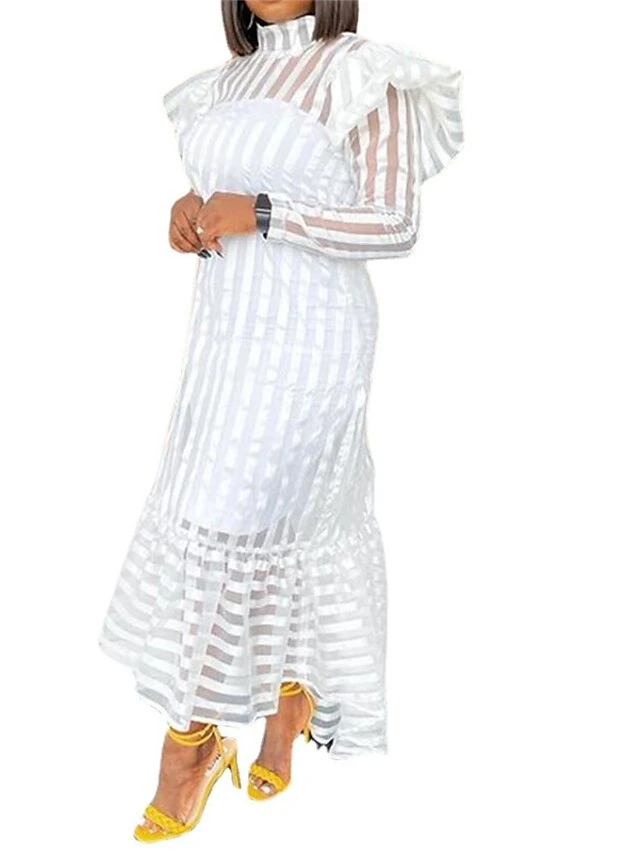 Women's White Dress Long Dress Maxi Dress White Long Sleeve Striped Print Winter Fall Autumn Turtleneck Winter Dress Fall Dress S M L XL XXL 3XL 5 Women's White Dress Long Dress Maxi Dress White Long Sleeve Striped Print Winter Fall Autumn Turtleneck Winter Dress Fall Dress S M L XL XXL 3XL - Image 5