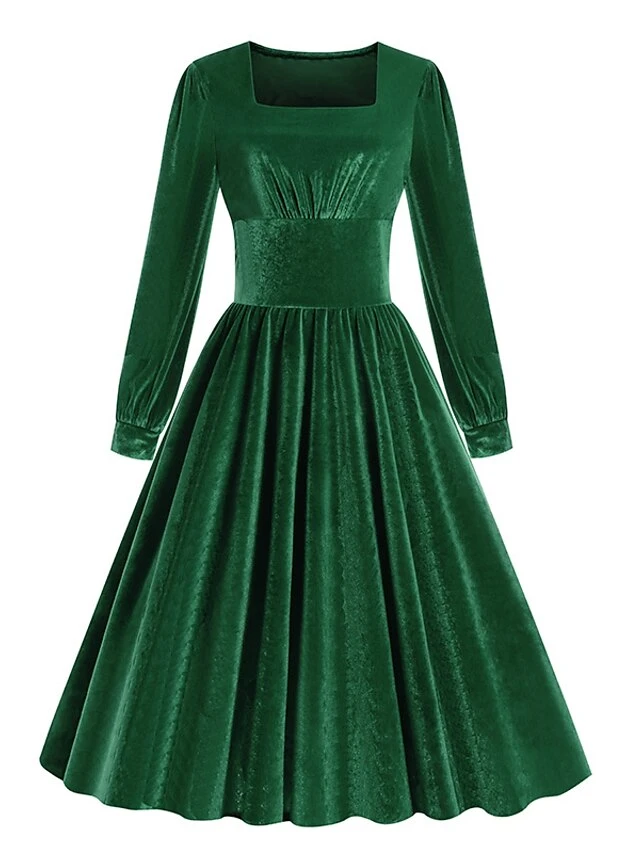 Women's Christmas Swing Dress Vintage Dress Midi Dress Green Black Red Long Sleeve Pure Color Ruched Winter Fall Square Neck Vintage Stylish 2022 S M L XL XXL 3 Women's Christmas Swing Dress Vintage Dress Midi Dress Green Black Red Long Sleeve Pure Color Ruched Winter Fall Square Neck Vintage Stylish 2022 S M L XL XXL - Image 3