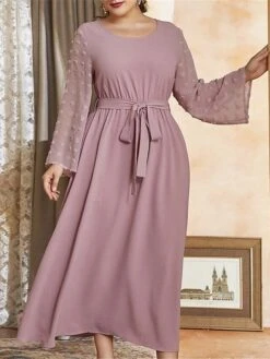 Women's Plus Size Work Dress Swing Dress Semi Formal Dress Fashion Long Dress Maxi Dress Lace Up Crew Neck Long Sleeve Plain Regular Fit Purple Fall Winter L XL XXL 3XL 4XL -Casual Print Dress Sales pszwzq1693300525973
