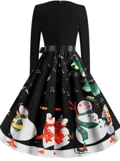 Women's Christmas Knee Length Dress Blue Purple Wine Gray Green Black Red Light Blue Long Sleeve Print Bow Print Fall Winter Round Neck Casual Vintage2021 S M L XL XXL -Casual Print Dress Sales ptanwq1629971949151