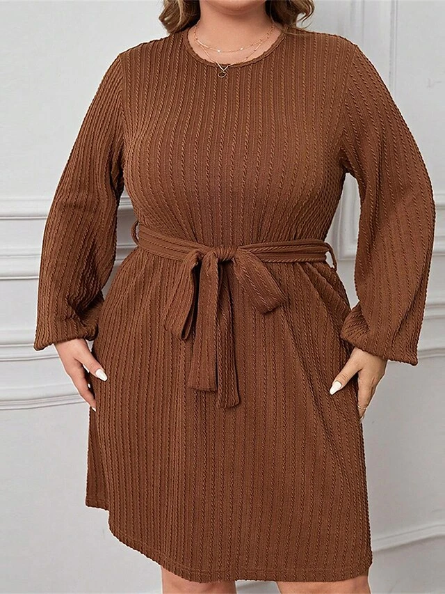 Women's Plus Size Curve Casual Dress Winter Dress Knit Dress Plain Midi Dress Long Sleeve Lace Up Crew Neck Fashion Outdoor Brown Fall Winter XL XXL 3XL 4 Women's Plus Size Curve Casual Dress Winter Dress Knit Dress Plain Midi Dress Long Sleeve Lace Up Crew Neck Fashion Outdoor Brown Fall Winter XL XXL 3XL - Image 4
