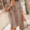 Women's Shirt Dress Short Mini Dress Light Blue Long Sleeve Leopard Button Spring Summer Shirt Collar Stylish Casual Sexy Lantern Sleeve Boom Sale Dress XXL