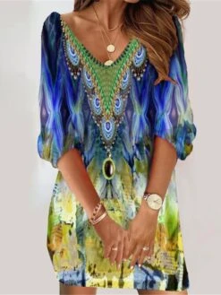 Women's Casual Dress Ethnic Dress Summer Dress Floral Color Block Print V Neck Mini Dress Vintage Ethnic Outdoor Daily 3/4 Length Sleeve Loose Fit Black Yellow Wine Summer Spring S M L XL XXL -Casual Print Dress Sales puxoed1689247549898