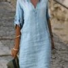 Women's Casual Dress Shift Dress Denim Shirt Dress Midi Dress Denim Fashion Modern Outdoor Daily Vacation V Neck Rolled Cuff Half Sleeve Summer Spring Fall 2023 Loose Fit Blue Plain S M L XL 2XL
