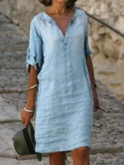 Women's Casual Dress Shift Dress Denim Shirt Dress Midi Dress Denim Fashion Modern Outdoor Daily Vacation V Neck Rolled Cuff Half Sleeve Summer Spring Fall 2023 Loose Fit Blue Plain S M L XL 2XL