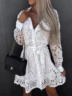 Women's Casual Dress Lace Dress Winter Dress Mini Dress Lace Up Lace Street Daily Holiday Fashion Streetwear V Neck Long Sleeve 2023 Regular Fit Black White Khaki Color S M L XL XXL Size