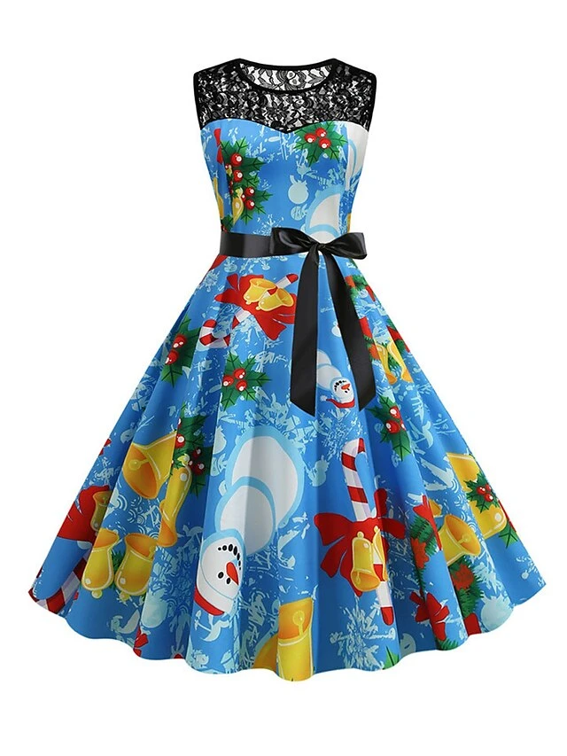 Women‘s Christmas Retro 1950s Vintage Dress Midi Dress Party Patchwork Bow Santa Claus Crew Neck Sleeveless Regular Fit Fall Winter 2023 Black Wine S M L XL 3 Women‘s Christmas Retro 1950s Vintage Dress Midi Dress Party Patchwork Bow Santa Claus Crew Neck Sleeveless Regular Fit Fall Winter 2023 Black Wine S M L XL - Image 3