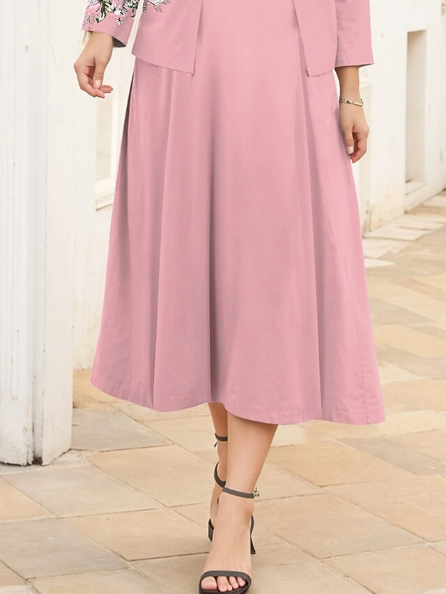 Women's Plus Size Curve Casual Dress Dress Set Two Piece Dress Floral Midi Dress Long Sleeve Print Crew Neck Fashion Outdoor Pink Fall Winter L XL XXL 3XL 4XL 3 Women's Plus Size Curve Casual Dress Dress Set Two Piece Dress Floral Midi Dress Long Sleeve Print Crew Neck Fashion Outdoor Pink Fall Winter L XL XXL 3XL 4XL - Image 3