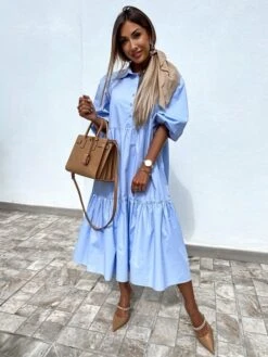 Women's Shirt Dress Maxi Long Dress Outdoor Daily Holiday Polyester Basic Casual Shirt Collar Ruched Half Sleeve Summer Spring 2023 Loose Fit Black White Blue Pure Color S M L XL XXL