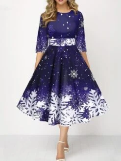 Women's Retro 1950s Skater Dress Midi Dress Party Christmas Print Snowflake Crew Neck 3/4 Length Sleeve 2023 Black Yellow S M L XL -Casual Print Dress Sales pxgxxk1696846066149