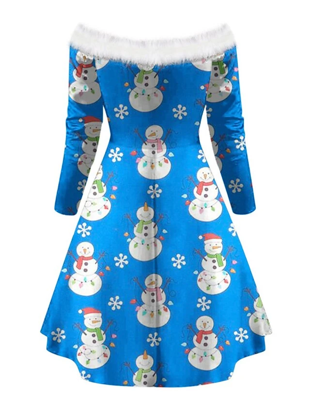 Women's Christmas Swing Dress Vintage Dress Mini Dress Green Blue Royal Blue Red White Black Long Sleeve Santa Claus Snowman Snowflake Feather Print Winter Fall Off Shoulder Stylish Elegant 8 Women's Christmas Swing Dress Vintage Dress Mini Dress Green Blue Royal Blue Red White Black Long Sleeve Santa Claus Snowman Snowflake Feather Print Winter Fall Off Shoulder Stylish Elegant - Image 8