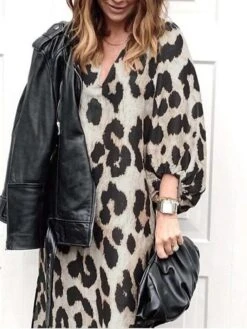 Women's Casual Dress Midi Dress Leopard 3/4 Length Sleeve Leopard Split Summer Spring V Neck Casual 2023 S M L XL XXL -Casual Print Dress Sales pxjhqn1695716039519