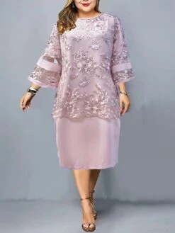 Women's Plus Size Curve Wedding Guest Dress Lace Party Dress Crew Neck Print 3/4 Length Sleeve Mother Dress Spring Fall Dress Elegant Formal Midi Dress Party Cocktail Dress -Casual Print Dress Sales pxkaxa1682586017821