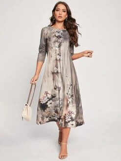 Women's Casual Dress Summer Dress Print Dress Floral Ruched Print Crew Neck Midi Dress Active Fashion Outdoor Daily 3/4 Length Sleeve Regular Fit Dark Green Purple Fuchsia Summer Spring S M L XL XXL -Casual Print Dress Sales pxuucn1695874295999