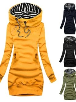 Women's Hoodie Dress Sheath Dress Short Mini Dress Black Yellow Army Green Navy Blue Long Sleeve Pure Color Pocket Fall Winter Hooded Casual Loose 2022 S M L XL XXL 3XL / Casual Dress