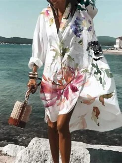 Women's Shirt Dress Casual Dress Swing Dress Mini Dress Outdoor Daily Vacation Polyester Fashion Casual Shirt Collar Button Print Long Sleeve Summer Spring Fall 2023 Loose Fit White Leaf S M L XL 2XL