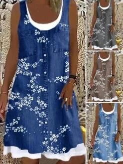 Women's Denim Dress Casual Dress Mini Dress Blue Dusty Blue Light Blue Sleeveless Floral Patchwork Summer Spring U Neck Fashion Vacation Loose Fit 2023 S M L XL XXL 3XL 4XL 5XL