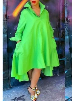 Women's Shirt Dress Midi Dress Winter Dress Daily Vacation Polyester Cotton Blend Classic Casual Shirt Collar Ruched Ruffle Long Sleeve Summer Spring Fall 2023 Loose Fit Light Green Pure Color S M L
