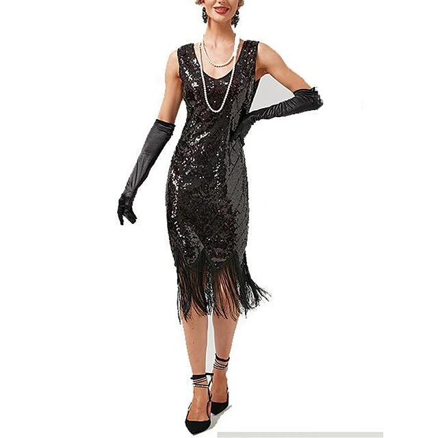 Women's Retro 1920s Fringe Dress Midi Dress Party Halloween Sequins Tassel Fringe Geometric V Neck Sleeveless Regular Fit Spring Fall 2023 Silver Black XS S M L 3 Women's Retro 1920s Fringe Dress Midi Dress Party Halloween Sequins Tassel Fringe Geometric V Neck Sleeveless Regular Fit Spring Fall 2023 Silver Black XS S M L - Image 3