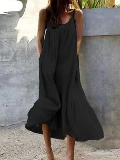 Women's Casual Dress White Dress Summer Dress Long Dress Maxi Dress Ruffle Pocket Daily Date Going Out Fashion Basic Strap Sleeveless 2023 Loose Fit Black White Yellow Color S M L XL XXL Size -Casual Print Dress Sales qaexla1689327301665