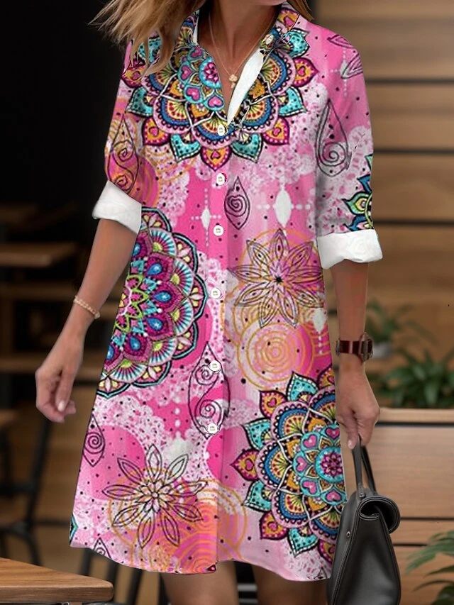 Women's Shirt Dress Casual Dress Midi Dress Outdoor Daily Date Polyester Fashion Modern Shirt Collar Button Pocket Long Sleeve Fall Winter 2023 Loose Fit Yellow Pink Dark Pink Floral Striped S M L XL 2 Women's Shirt Dress Casual Dress Midi Dress Outdoor Daily Date Polyester Fashion Modern Shirt Collar Button Pocket Long Sleeve Fall Winter 2023 Loose Fit Yellow Pink Dark Pink Floral Striped S M L XL - Image 2