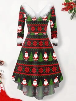 Women's Christmas Swing Dress Vintage Dress Midi Dress Green Silver Wine Red Brown White Long Sleeve Print Plus High Low Print Winter Fall V Neck Vintage Romantic Traditional 2022 S M L XL 2XL -Casual Print Dress Sales qbgcsb1668153969401