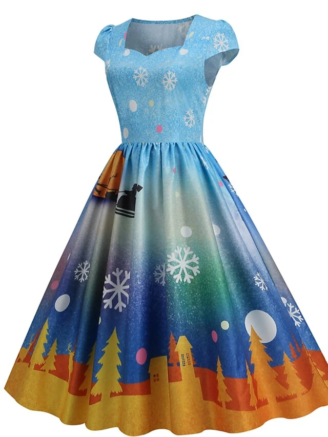 Women's Christmas Swing Dress Vintage DressKnee Length Dress Blue Wine Red Light BlueShort Sleeve Santa Claus Snowman Tree Print Fall Winter Square Neck Vintage Elegant Slim 2022 S M L XL 6 Women's Christmas Swing Dress Vintage DressKnee Length Dress Blue Wine Red Light BlueShort Sleeve Santa Claus Snowman Tree Print Fall Winter Square Neck Vintage Elegant Slim 2022 S M L XL - Image 6
