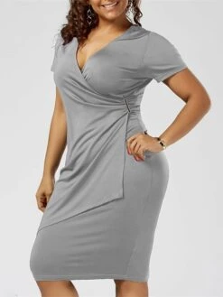 Women‘s Plus Size Curve Work Dress Solid Color V Neck Ruched Short Sleeve Summer Spring Work Knee Length Dress Work Vacation Dress -Casual Print Dress Sales qbqcyj1659091101431