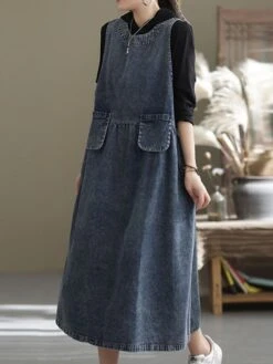 Women's Denim Dress Swing Dress Denim Overall Pinafore Dress Maxi Long Dress Cotton Denim Casual Daily Holiday Vacation Crew Neck Pocket Sleeveless Summer Spring 2023 Loose Fit Black Blue Pure Color -Casual Print Dress Sales qdgdoj1653381096946