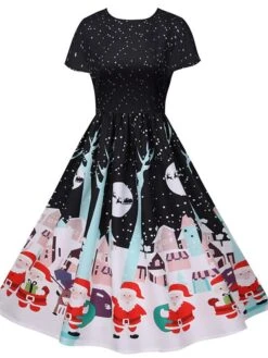 Women's Christmas Knee Length Dress Green Black Red Short Sleeve Print Print Fall Winter Round Neck Casual Vintage2021 S M L XL XXL -Casual Print Dress Sales qdgvpf1629971725269